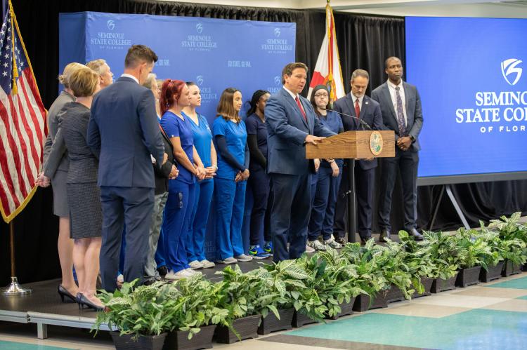 Gov. Ron DeSantis speaks at Seminole State's Sanford/Lake Mary Campus on Monday, May 16, to announce $125 million in funding for nursing education in Florida.