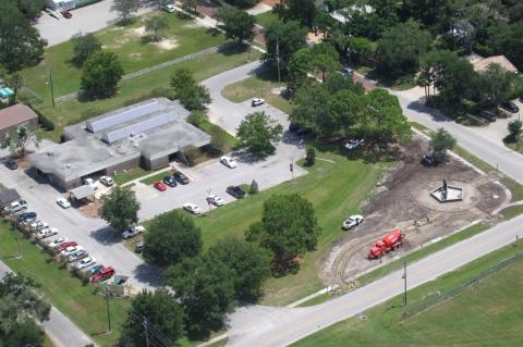 An aerial photograph shows the progress of the Heroes Monument in the CIty of Longwood.