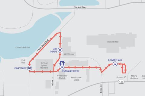 A map (above) shows the route the CraneRIDES shuttle will take around Altamonte. 