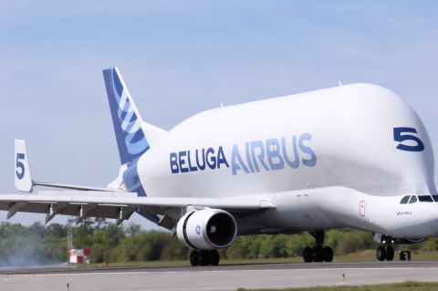 The Airbus BelugaST (above) landed Monday at the Orlando Sanford International Airport carrying a Eutelsat E36D satellite for SpaceX.