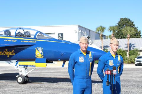 Blue Angel No. 8, Lieutenant Commander Brian Vaught, and Blue Angel No. 7, Lieutenant Connor O’Donnell during the press conference Tuesday.