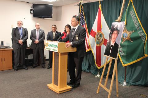 Sheriff Dennis Lemma was accompanied by representatives from Naval Criminal Investigative Service and the Florida Department of Law Enforcement to announce the solving of the murder of Pamela Cahanes from 1984.