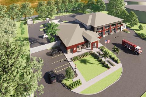 A rendering shows what the new Fire Station 39 will look like. The station, which will be located at the corner of Orange Avenue and 1st Street, will serve the Heathrow/Paola area.