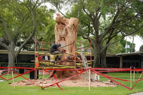 Mark W. Rice works to carve Sanford’s downtown clock on an old oak tree facing Lake Monroe, behind the Civic Center.