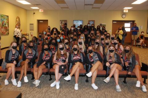 The 2021 National High Kick Champion Seminole High School Dazzlers dance team was honored Monday night at the Sanford City Commission regular meeting. Here they take up most of the seats on the left side of the room.