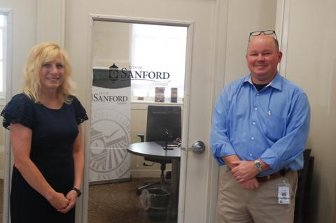 Pamela Lynch, left, CRA/Community Development project manager, and Tom Tomerlin, economic development director for the City of Sanford outside the city’s office in the Sanford Information Center, formerly the Historic Sanford Welcome Center.