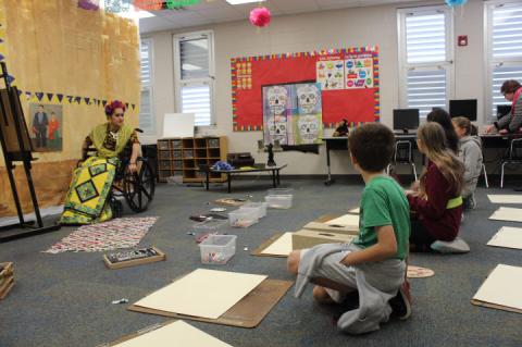 A student dressed as Frida Kahlo at Layer Elementary's "Passport Through Art History" event.