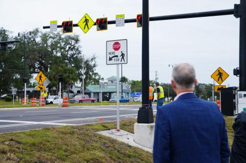 MetroPlan Executive Director Gary Huttmann, AICP, attended the safety event kicking off activation of the new Pedestrian Hybrid Beacon on U.S. 17-92 in Sanford. This is the first PHB in Seminole County. 	