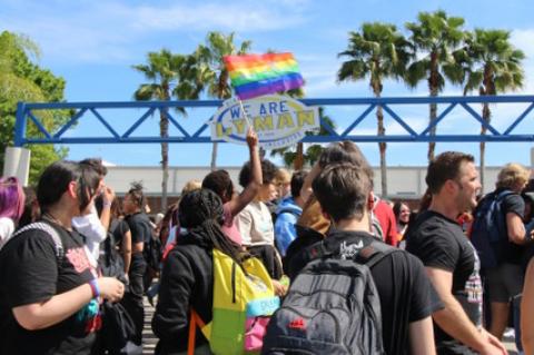 Students at Lyman High School protest HB 1557, which opponents refer to as the Don’t Say Gay bill, moving through the Florida Legislature.
