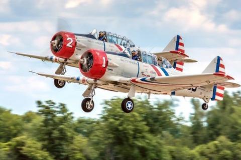 The Geico Skytypers are six World War II vintage, SMJ fighter trainers.