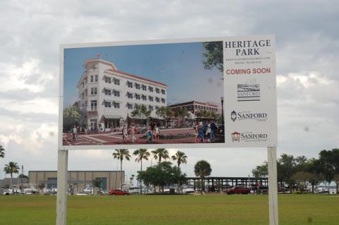 A sign promoting the Hertiage Park project sat in downtown Sanford for years, despite a lack of progress on the project’s plans.