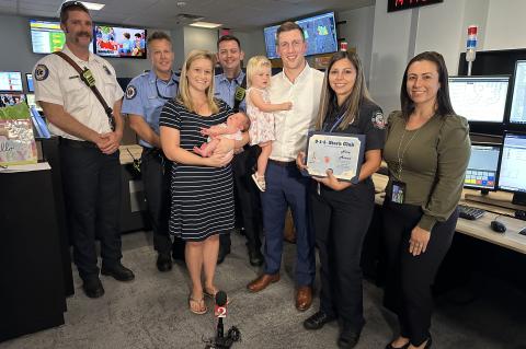 Members of the Seminole County Sheriff’s Office crew from Station 36, Parents Victoria and Brendan Burke, Baby Riley, and Dispatcher Nora Acuna with others at the award ceremony this week. 
