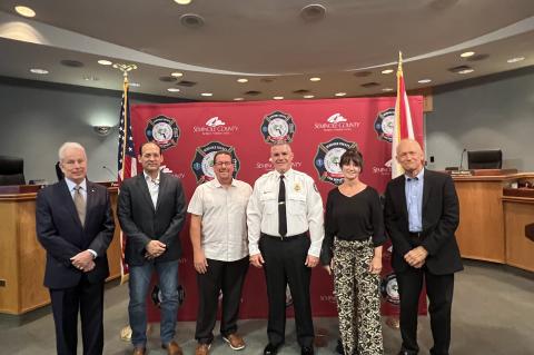Founding Fire Chief Gary Kaiser (left), Fire Chief Otto Drozd III, Fire Chief Mark Oakes, Current Fire Chief Matt Kinley, Fire Chief Leeanna Mims, and Fire Chief Terry L. Schenk at the Seminole County Command Staff Promotional Pinning Ceremony. 