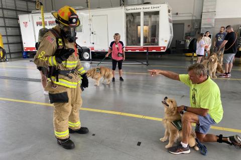 Golden Retrievers trained with firefighters and EMT personnel (above, below) to get used to the equipment and sounds.
