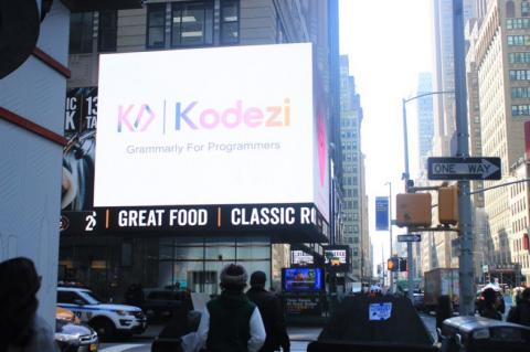 A billboard (left) in Times Square in New York City advertises Ishraq Kahn’s (right) start-up company Kodezi.