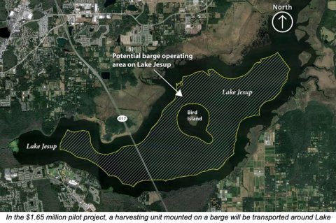 A map shows where the barge will operate on Lake Jesup to help clean up the algae and nutrients.