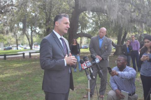 Sheriff Dennis Lemma spoke outside the Seminole County Northwest Branch Library, near Lake Mary High School, where a student killed herself on Wednesday morning.