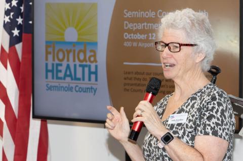 LWV Seminole President Cathy Swerdlow (above) speaks at a recent Hot Topics program, which the League holds monthly.