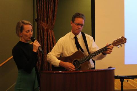 County Clerk Grant Maloy played guitar as musical guest Kimberly Muther sang at his re-election kickoff Thursday.