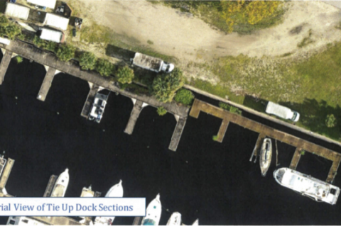 Additionally, lack of maintenance, rotting walers, and severe vegetation growth (as seen in an aerial photo) were other issues noted by the assessment team in the Sanford Marina. 