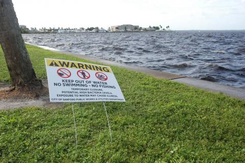 The City of Sanford placed signs along the lakefront warning of contamination in the water, but wind blew most of the signs down over the weekend.