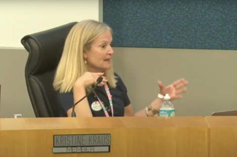 School Board Member Kristi Kraus (above) discusses masks in school and proclaiming June as Pride Month.