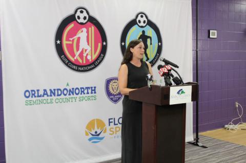 Jen Winnagle with ECNL spoke at Sylvan Lake Park about the three-year agreement with Seminole County to put on more soccer games in the coming years.