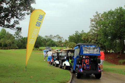 Carts lined up in preparation for the Foundation for Seminole State College’s 2021 Dream Cup on April 19. Though the event was rained out, a follow-up event is planned for June 21 at the Legacy Club at Alaqua Lakes.