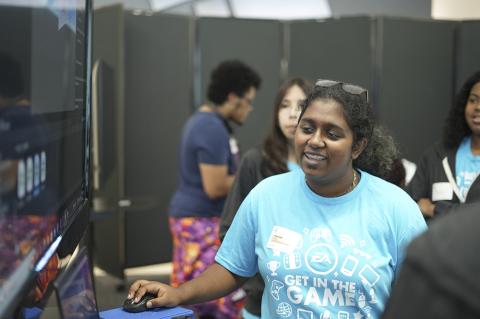 Seminole High Student Hannah Rajan (above) at the EA STEAM Camp at the EA  studio in Downtown Orlando’s Creative Village. 
