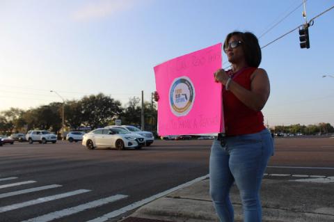 Rosie Guerrido, president of the Seminole Educational Clerical Association, was ready with her sign to protest the state of education on Monday.