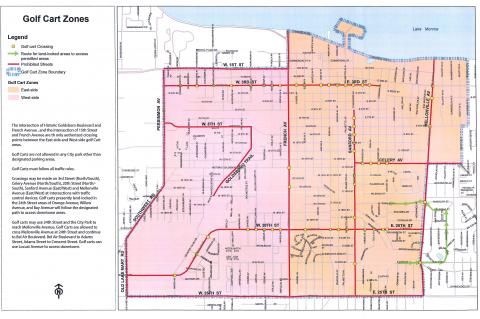 A map shows the restricted areas and golf cart zones within the City of Sanford. 