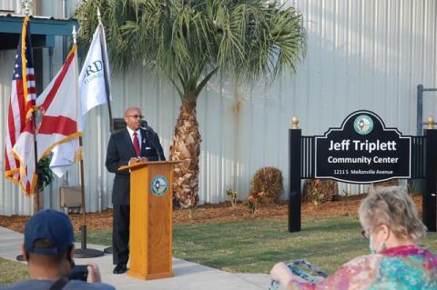 City Manager Norton Bonaparte at the dedication of the Jeff Triplett Community Center at Celery and Mellonville avenues.