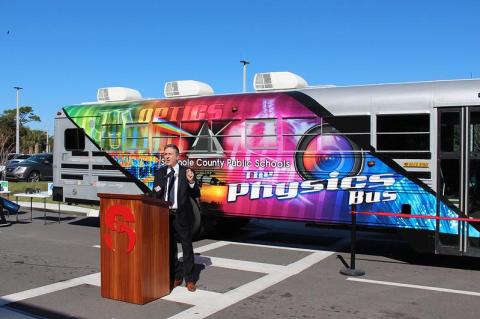 Superintendent Walt Griffin (above) speaks at a recent event to introduce a Physics Bus at Pine Crest Elementary School of Innovation. 