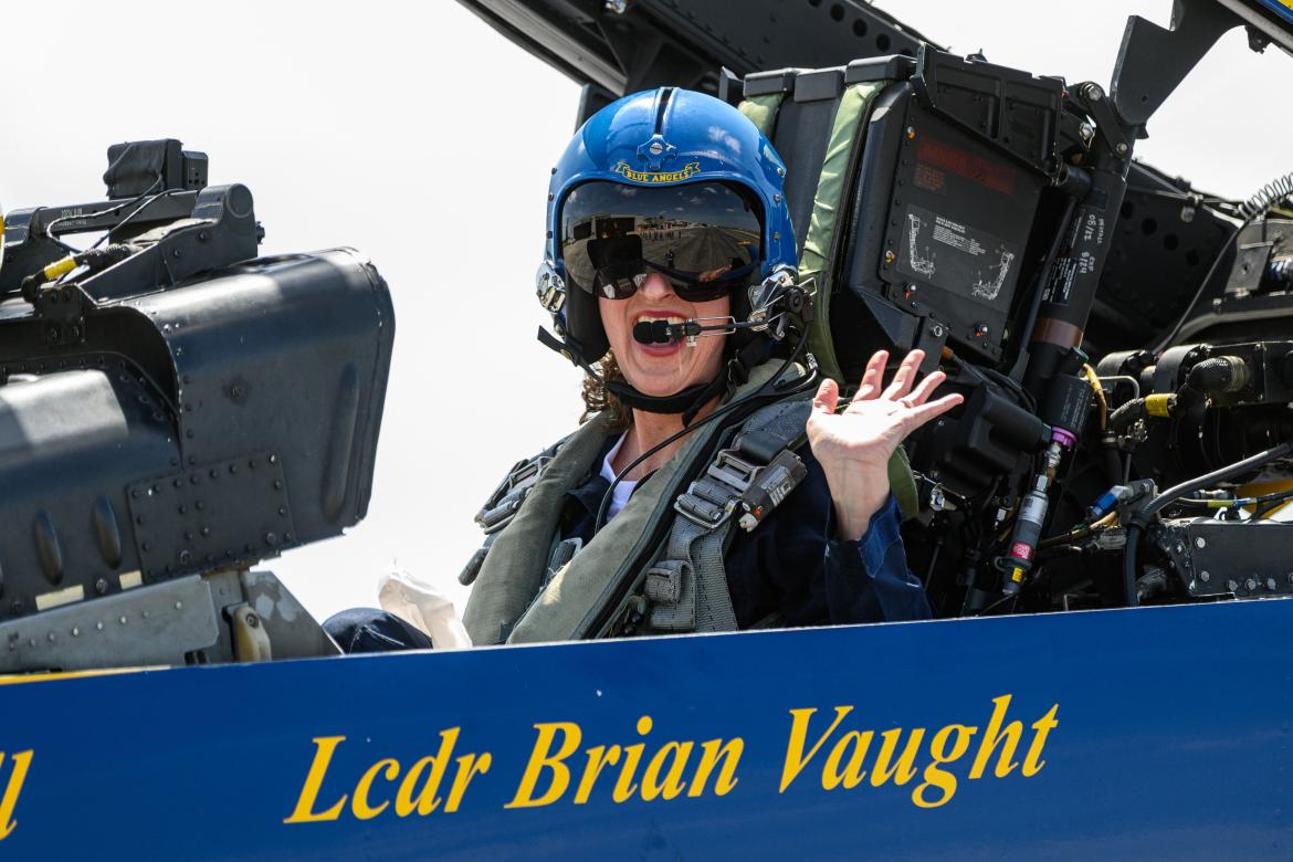 Bear Lake Elementary School Teacher Janan Hodges (above) was chosen to take a flight with the U.S. Blue Angels that included rolls, loops and turns.